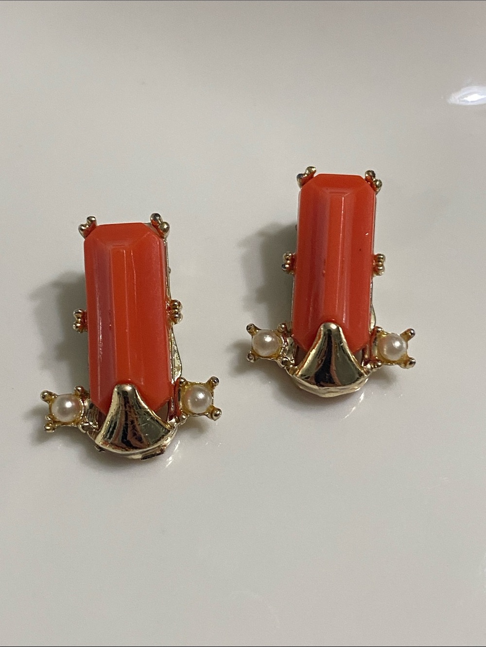 Coro Gold-Tone Coral Lucite and Pearl Clip Earrings